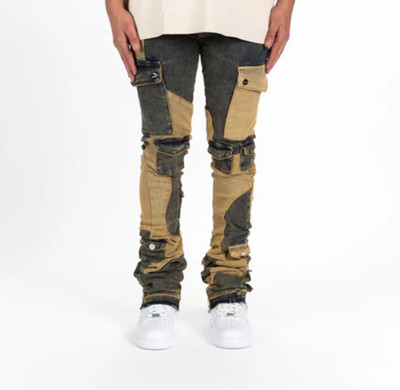 Custom Panelled Utility Stack Jeans in Sand & Black