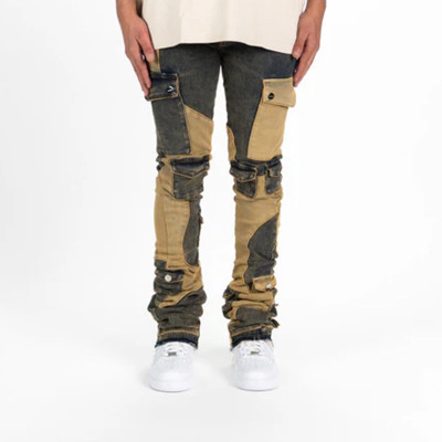 Custom Panelled Utility Stack Jeans in Sand & Black
