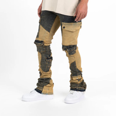 Custom Panelled Utility Stack Jeans in Sand & Black