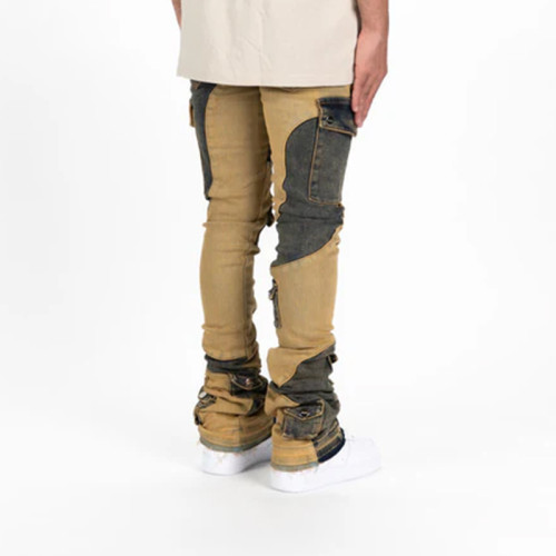 Custom Panelled Utility Stack Jeans in Sand & Black