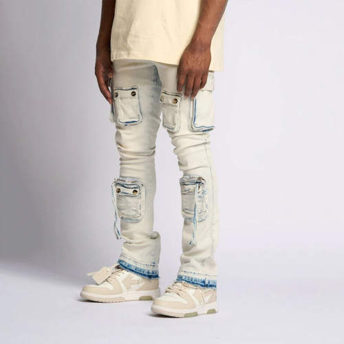 Custom Multi-Pocket Stacked Jeans with Bleach Wash Detail