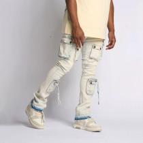 Custom Multi-Pocket Stacked Jeans with Bleach Wash Detail
