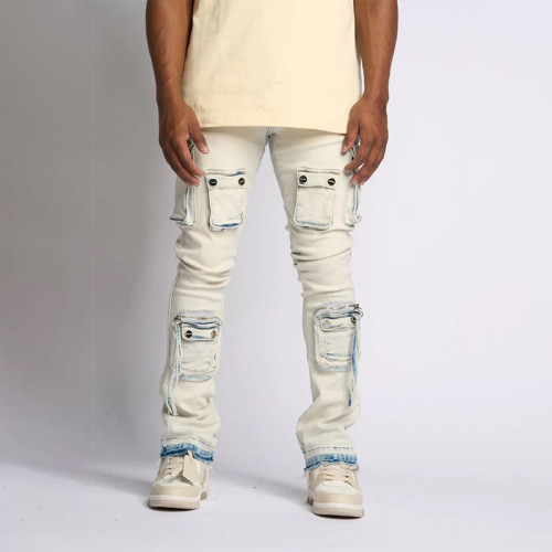 Custom Multi-Pocket Stacked Jeans with Bleach Wash Detail