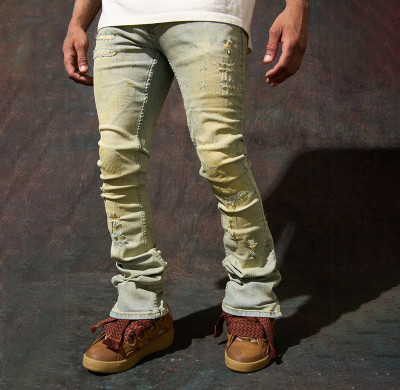 Custom Distressed Stacked Skinny Jeans with Bleach Fade Finish