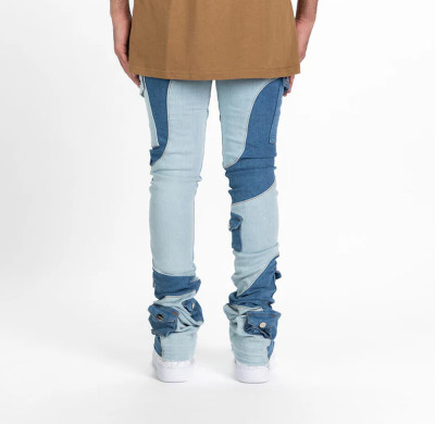 Custom Two-Tone Patchwork Stacked Jeans with Utility Pockets