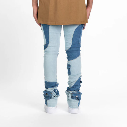 Custom Two-Tone Patchwork Stacked Jeans with Utility Pockets