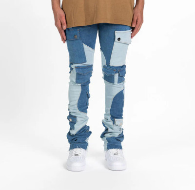 Custom Two-Tone Patchwork Stacked Jeans with Utility Pockets