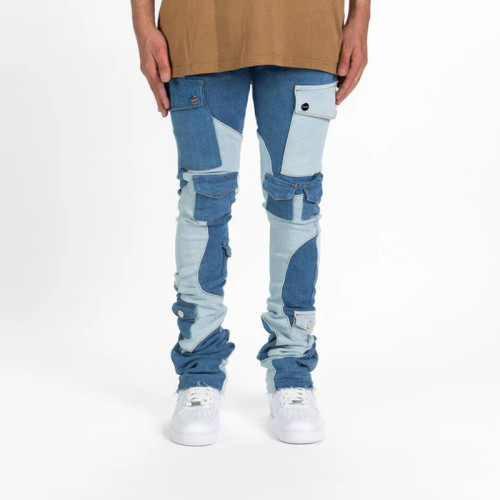 Custom Two-Tone Patchwork Stacked Jeans with Utility Pockets