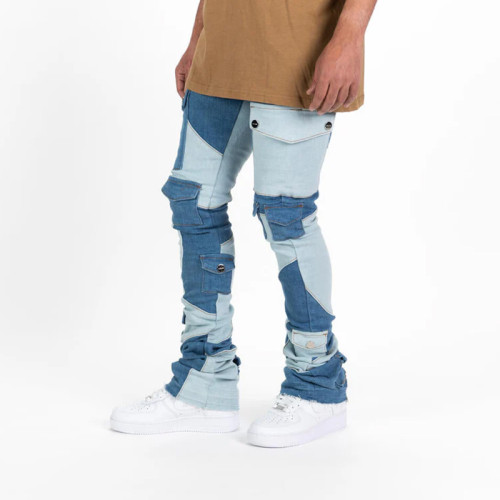 Custom Two-Tone Patchwork Stacked Jeans with Utility Pockets