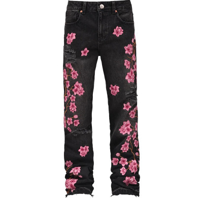 Custom bulk wholesale Straight pants embroidery flower hem Jeans