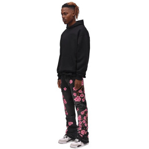 Custom bulk wholesale Straight pants embroidery flower hem Jeans