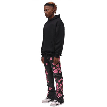 Custom bulk wholesale Straight pants embroidery flower hem Jeans