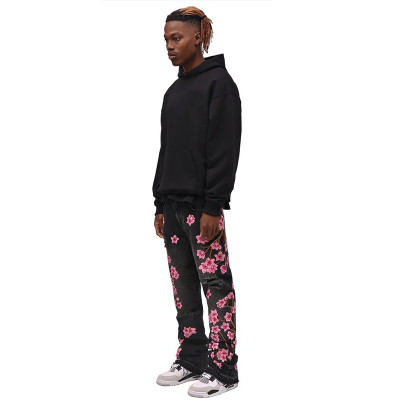 Custom bulk wholesale Straight pants embroidery flower hem Jeans