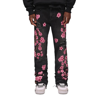 Custom bulk wholesale Straight pants embroidery flower hem Jeans
