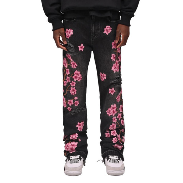 Custom bulk wholesale Straight pants embroidery flower hem Jeans