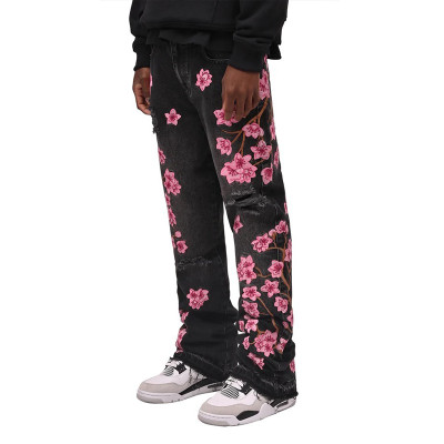 Custom bulk wholesale Straight pants embroidery flower hem Jeans