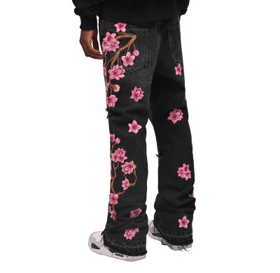 Custom bulk wholesale Straight pants embroidery flower hem Jeans