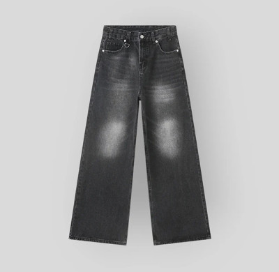 Custom Washed Black Wide-Leg Jeans with Faded Whisker Effect