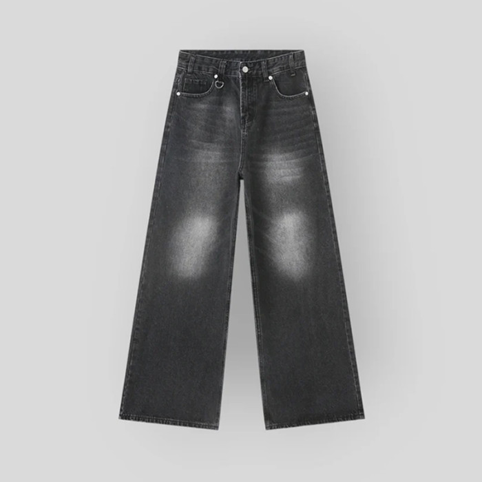 Custom Washed Black Wide-Leg Jeans with Faded Whisker Effect