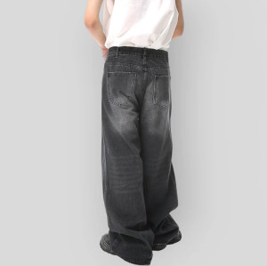 Custom Washed Black Wide-Leg Jeans with Faded Whisker Effect