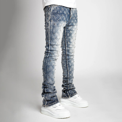 Custom Rhinestone Stacked Skinny Jeans for Designer Brands