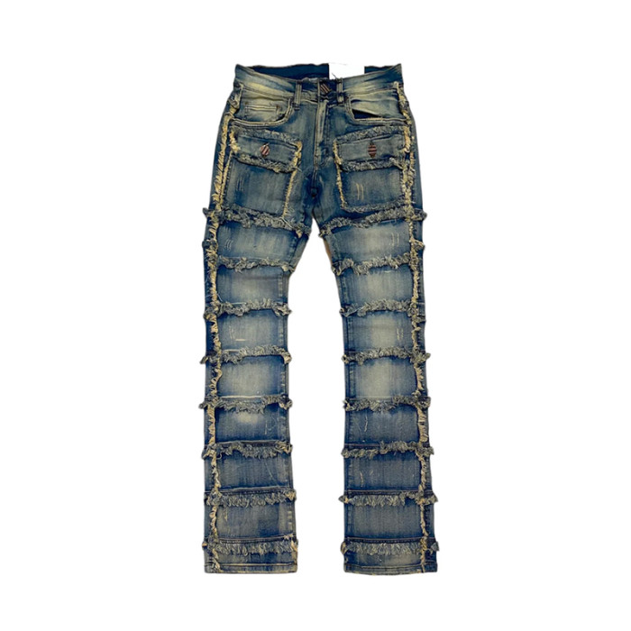 Custom Allover Fringed Panel Straight Jeans for Streetwear Labels