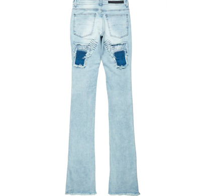Custom Flared Distressed Patch Jeans in Light Wash Denim