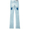 Custom Flared Distressed Patch Jeans in Light Wash Denim