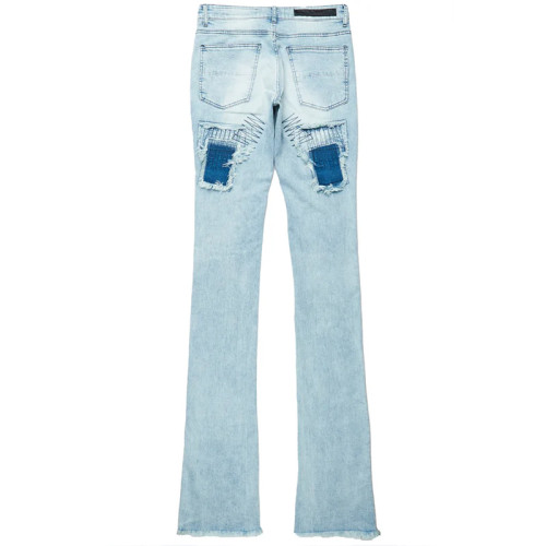 Custom Flared Distressed Patch Jeans in Light Wash Denim