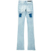 Custom Flared Distressed Patch Jeans in Light Wash Denim