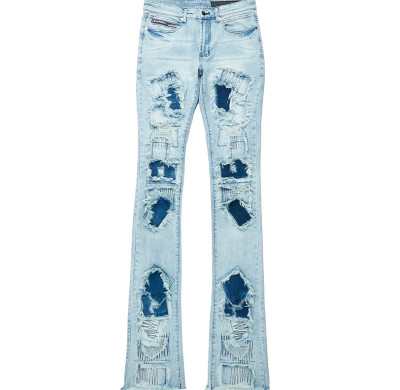 Custom Flared Distressed Patch Jeans in Light Wash Denim