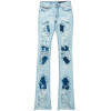 Custom Flared Distressed Patch Jeans in Light Wash Denim