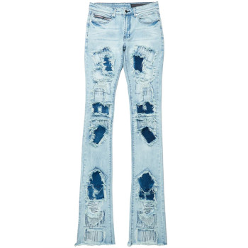 Custom Flared Distressed Patch Jeans in Light Wash Denim