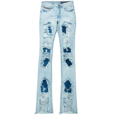 Custom Flared Distressed Patch Jeans in Light Wash Denim