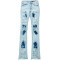 Custom Flared Distressed Patch Jeans in Light Wash Denim