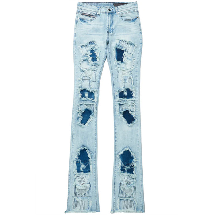 Custom Flared Distressed Patch Jeans in Light Wash Denim