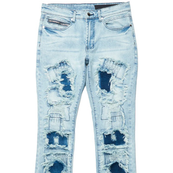 Custom Flared Distressed Patch Jeans in Light Wash Denim