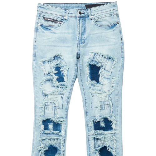 Custom Flared Distressed Patch Jeans in Light Wash Denim