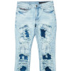 Custom Flared Distressed Patch Jeans in Light Wash Denim