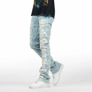 Custom Painted Flared Jeans with Geometric Rips & Light Wash Finish