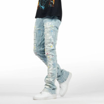 Custom Painted Flared Jeans with Geometric Rips & Light Wash Finish