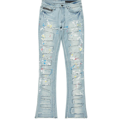 Custom Painted Flared Jeans with Geometric Rips & Light Wash Finish