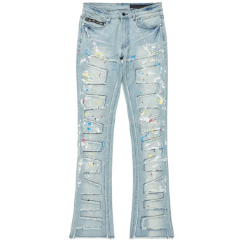 Custom Painted Flared Jeans with Geometric Rips & Light Wash Finish