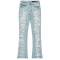 Custom Painted Flared Jeans with Geometric Rips & Light Wash Finish