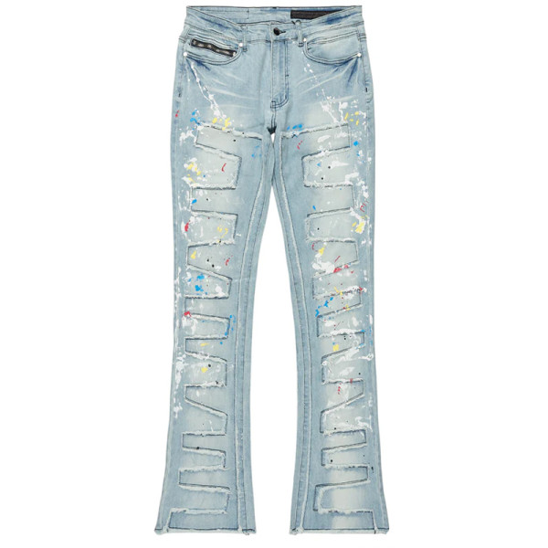 Custom Painted Flared Jeans with Geometric Rips & Light Wash Finish