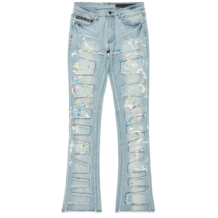 Custom Painted Flared Jeans with Geometric Rips & Light Wash Finish