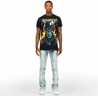 Custom Painted Flared Jeans with Geometric Rips & Light Wash Finish