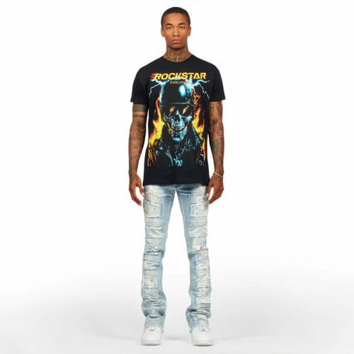 Custom Painted Flared Jeans with Geometric Rips & Light Wash Finish