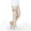 Custom Beige Cargo Flared Jeans with Distressed Panel Details