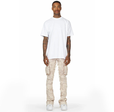 Custom Beige Cargo Flared Jeans with Distressed Panel Details